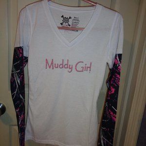 Women's size small white v-neck t-shirt with pink camo sleeves "Muddy Girl"
